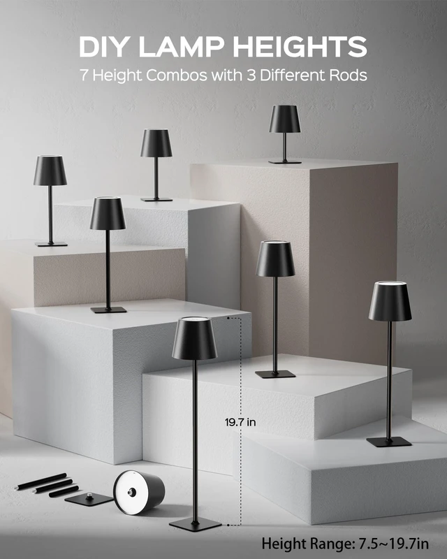 Alt view image 3 of 7 - Cordless Table Lamps Rechargeable, 3 Height, 5000 Capacity 3 Colors Smooth Dimming, Portable LED Waterproof Table Lamp for Dining, Bedroom, Outdoor Black (2 Pack)