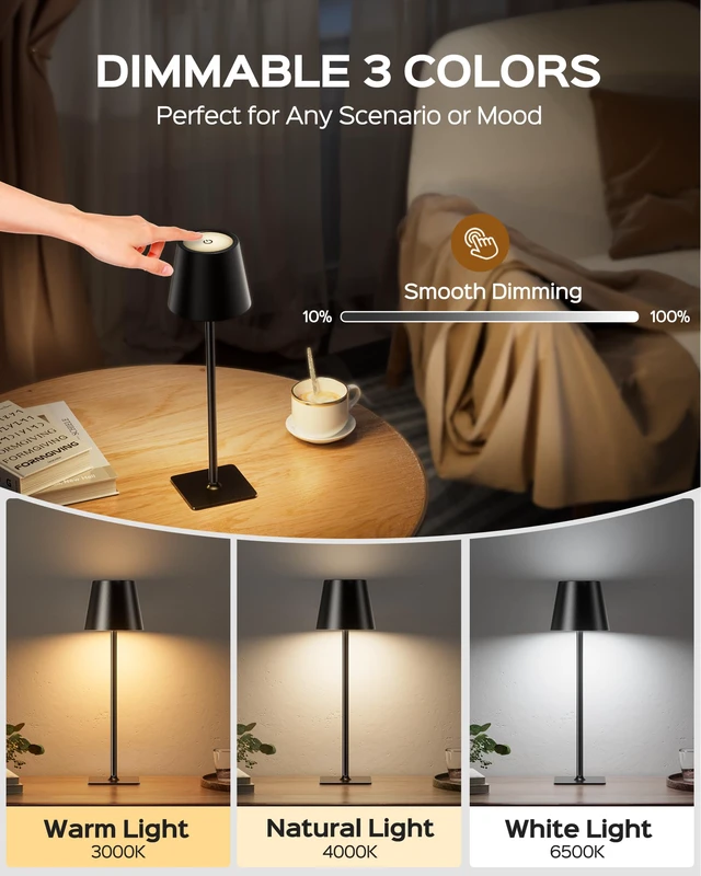 Alt view image 4 of 7 - Cordless Table Lamps Rechargeable, 3 Height, 5000 Capacity 3 Colors Smooth Dimming, Portable LED Waterproof Table Lamp for Dining, Bedroom, Outdoor Black (2 Pack)