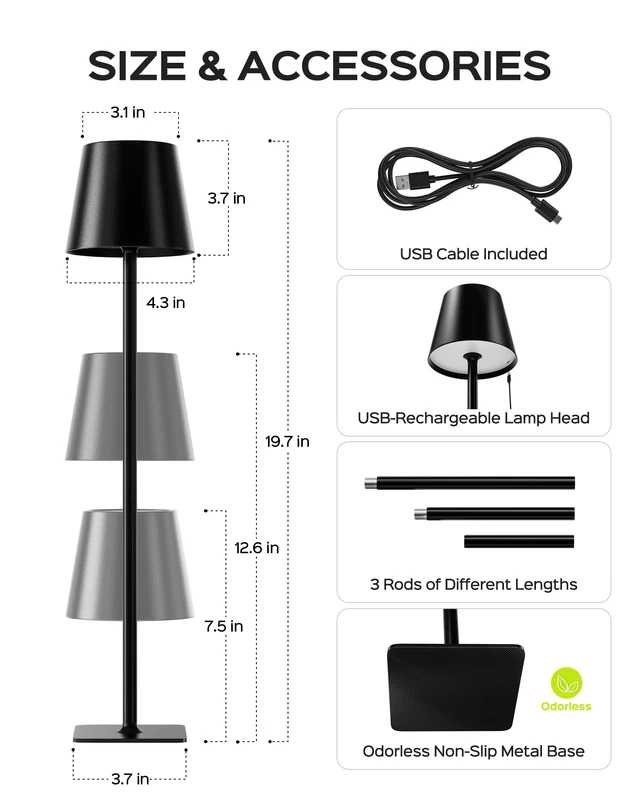 Alt view image 6 of 7 - Cordless Table Lamps Rechargeable, 3 Height, 5000 Capacity 3 Colors Smooth Dimming, Portable LED Waterproof Table Lamp for Dining, Bedroom, Outdoor Black (2 Pack)