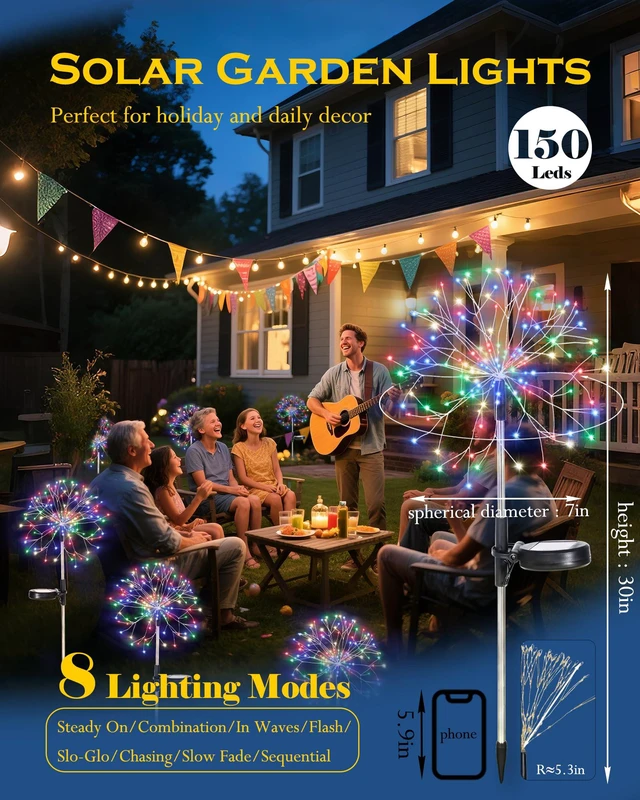 Alt view image 2 of 7 - Solar Garden Lights Outdoor Yard Decorations, 4 Pack 150Leds Pathway Light, Fairy Firework Stake Lights for Garden, Patio, Pathway, Flowerbed Multicolor