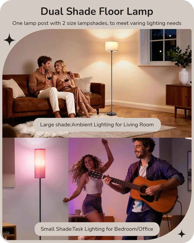 Alt view image 2 of 7 - 2 Lampshades Modern Floor Lamps for Living Room Pink 63.7", Remote Control, Foot Switch, 2700-6000K Dimmable, 9W Bulb Included, Minimalist Standing Lamp for Bedroom, Office