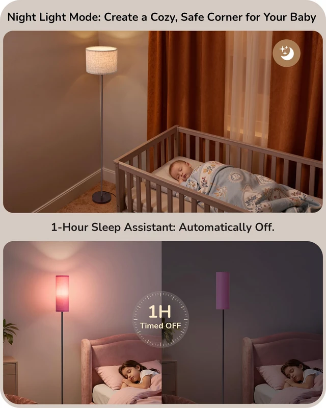 Alt view image 6 of 7 - 2 Lampshades Modern Floor Lamps for Living Room Pink 63.7", Remote Control, Foot Switch, 2700-6000K Dimmable, 9W Bulb Included, Minimalist Standing Lamp for Bedroom, Office