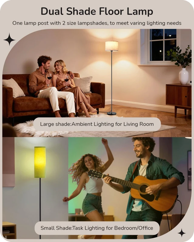 Alt view image 2 of 7 - 2 Lampshades Modern Floor Lamps for Living Room Green 63.7", Remote Control, Foot Switch, 2700-6000K Dimmable, 9W Bulb Included, Minimalist Standing Lamp for Bedroom, Office