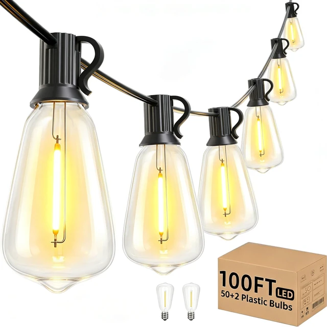 Main image of Outdoor String Lights 100 FT, Outside LED Patio Light Waterproof 52 Shatterproof Vintage Bulbs, Connectable for Bistro Cafe Market Backyard Party, ETL-Listed,Dimmable Warm White