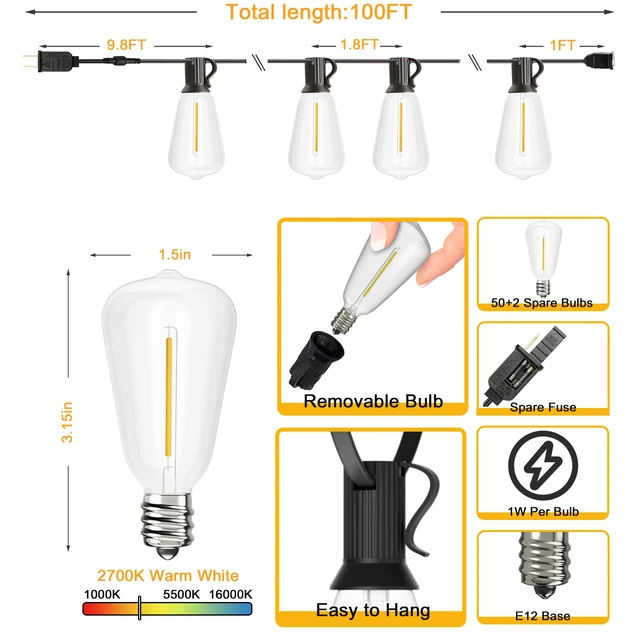 Alt view image 4 of 7 - Outdoor String Lights 100 FT, Outside LED Patio Light Waterproof 52 Shatterproof Vintage Bulbs, Connectable for Bistro Cafe Market Backyard Party, ETL-Listed,Dimmable Warm White