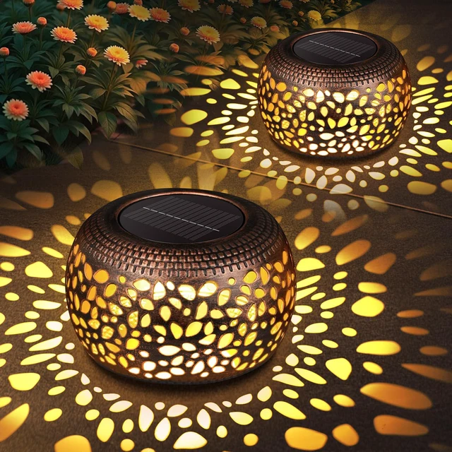 Main image of Solar Lanterns Outdoor Waterproof: 2 Pack Red Copper Metal Garden Lights IP65 Hollow Out Vintage Table Solar Lights, 2 Lighting Modes, 600mAh Battery, Patio Yard Decor, Gardening Gifts for Friends