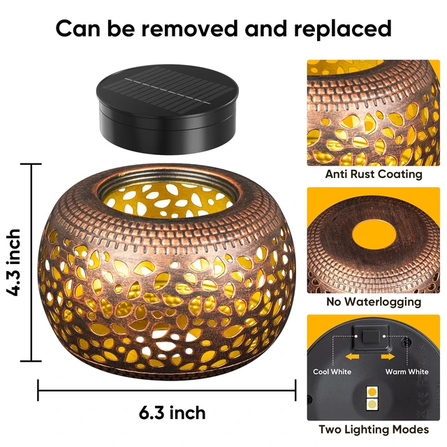 Alt view image 2 of 7 - Solar Lanterns Outdoor Waterproof: 2 Pack Red Copper Metal Garden Lights IP65 Hollow Out Vintage Table Solar Lights, 2 Lighting Modes, 600mAh Battery, Patio Yard Decor, Gardening Gifts for Friends