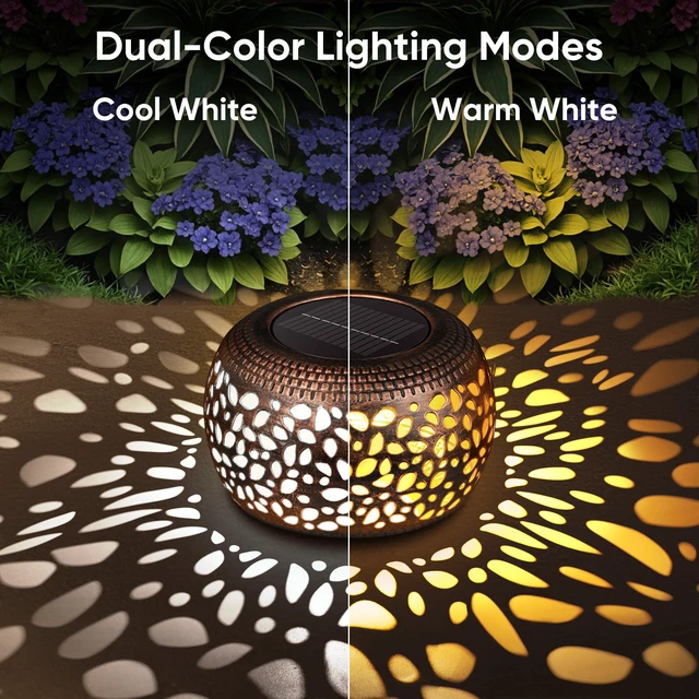 Alt view image 3 of 7 - Solar Lanterns Outdoor Waterproof: 2 Pack Red Copper Metal Garden Lights IP65 Hollow Out Vintage Table Solar Lights, 2 Lighting Modes, 600mAh Battery, Patio Yard Decor, Gardening Gifts for Friends