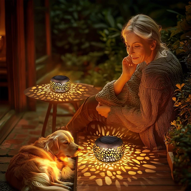 Alt view image 5 of 7 - Solar Lanterns Outdoor Waterproof: 2 Pack Red Copper Metal Garden Lights IP65 Hollow Out Vintage Table Solar Lights, 2 Lighting Modes, 600mAh Battery, Patio Yard Decor, Gardening Gifts for Friends