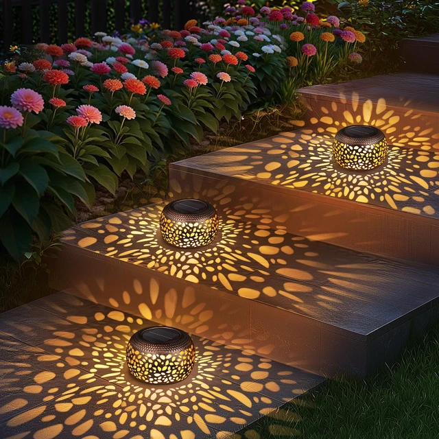 Alt view image 6 of 7 - Solar Lanterns Outdoor Waterproof: 2 Pack Red Copper Metal Garden Lights IP65 Hollow Out Vintage Table Solar Lights, 2 Lighting Modes, 600mAh Battery, Patio Yard Decor, Gardening Gifts for Friends