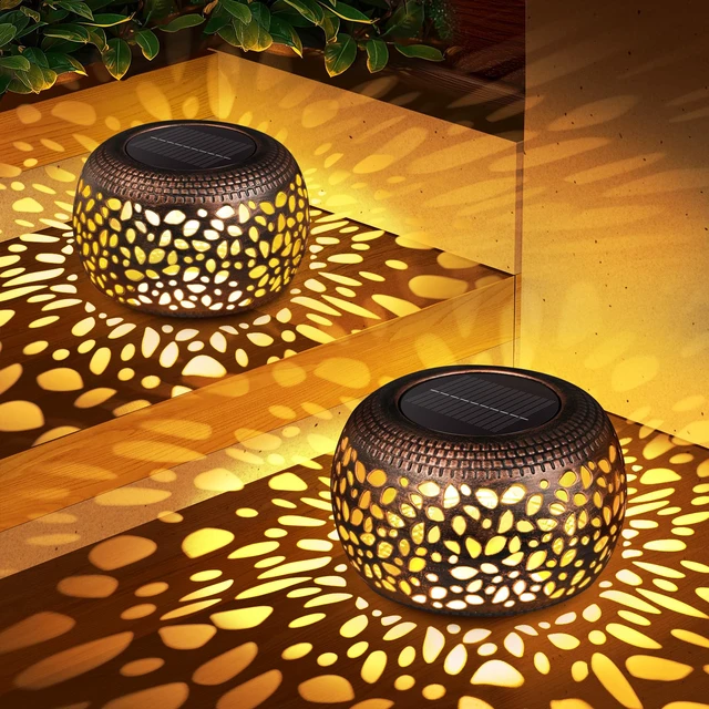 Alt view image 7 of 7 - Solar Lanterns Outdoor Waterproof: 2 Pack Red Copper Metal Garden Lights IP65 Hollow Out Vintage Table Solar Lights, 2 Lighting Modes, 600mAh Battery, Patio Yard Decor, Gardening Gifts for Friends
