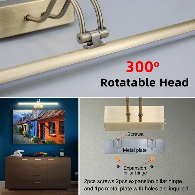 Alt view image 7 of 7 - Picture Lights,Battery Wall Light,20" Art Light,Antique Brass 5000mAh Rechargeable Photo Lights,Remote Timer and Dimmer Gallery Light for Painting,Display,Frame,Room Decor