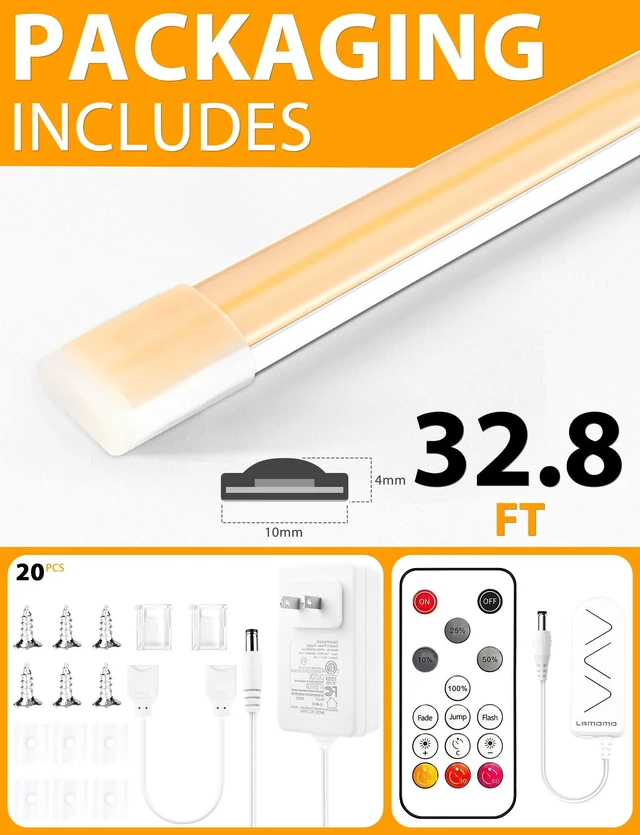 Alt view image 7 of 7 - COB LED Strip Lights, Warm White Dimmable Rope with Remote, 32.8ft Self-Adhesive, Waterproof, Cuttable, 24V, Flexible, Silicone, 3000K, Neon Tape for Bedroom, Kitchen, Cabinet, TV 10 mm Width