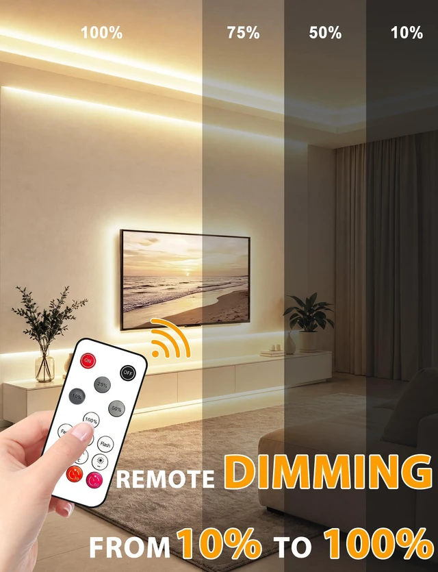 Alt view image 2 of 7 - COB LED Strip Lights, Natural White Dimmable with Remote, 32.8ft Self-Adhesive, Waterproof, Cuttable, 24V, Flexible, Silicone, 4000K, Neon Tape for Bedroom, Kitchen, Cabinet, TV 10 mm Width