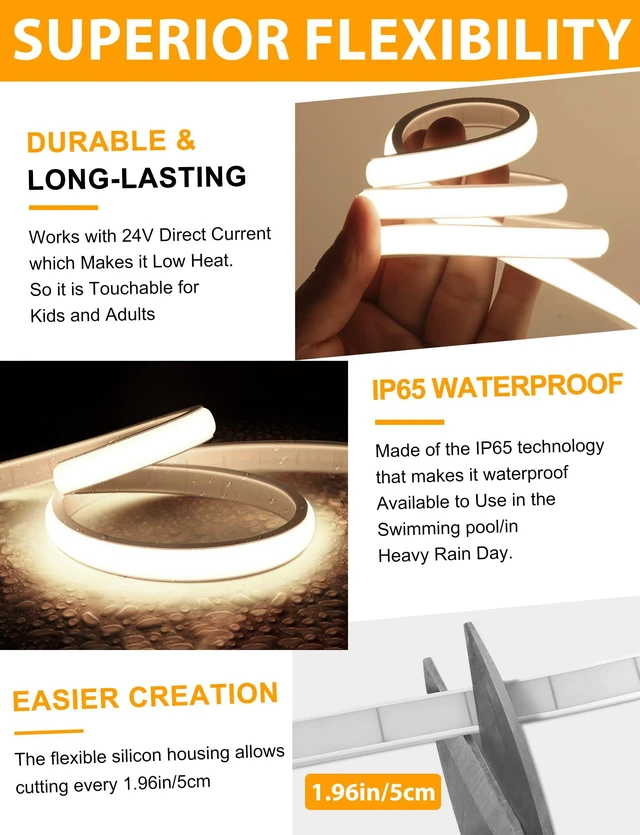 Alt view image 5 of 7 - COB LED Strip Lights, Natural White Dimmable with Remote, 32.8ft Self-Adhesive, Waterproof, Cuttable, 24V, Flexible, Silicone, 4000K, Neon Tape for Bedroom, Kitchen, Cabinet, TV 10 mm Width