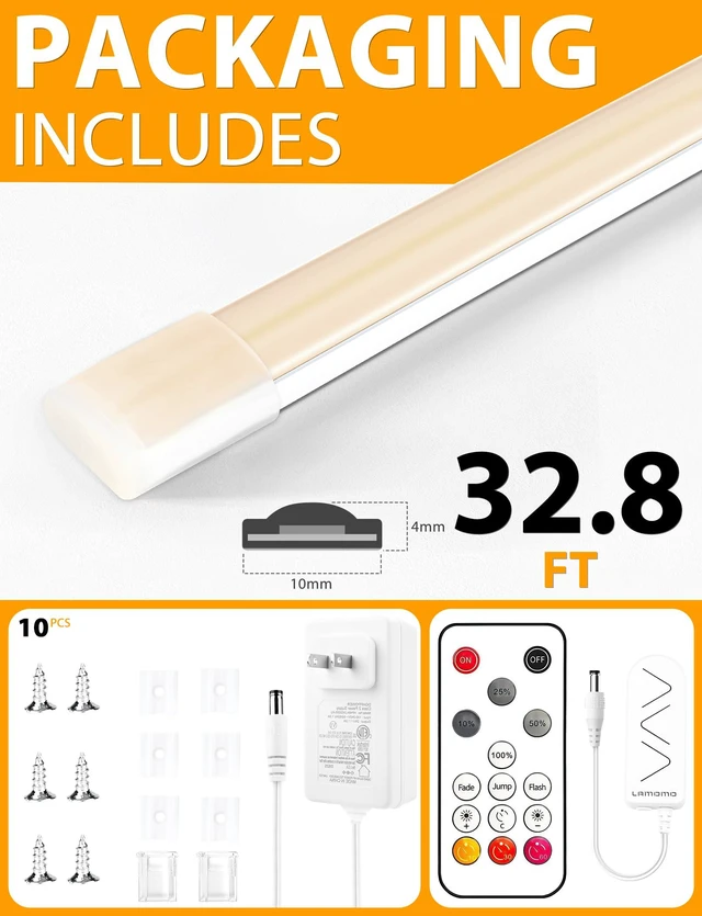 Alt view image 6 of 7 - COB LED Strip Lights, Natural White Dimmable with Remote, 32.8ft Self-Adhesive, Waterproof, Cuttable, 24V, Flexible, Silicone, 4000K, Neon Tape for Bedroom, Kitchen, Cabinet, TV 10 mm Width