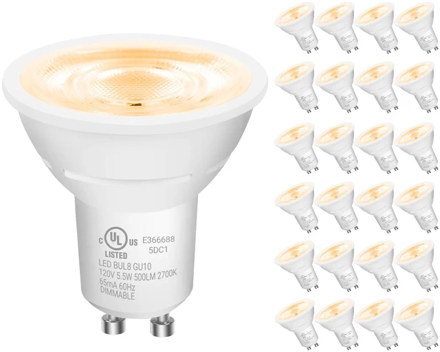 Main image of GU10 LED Light Bulbs, Dimmable GU10 Bulb Replacement for Track Lighting, 5.5w Equivalent 50W, 500 LM Warm White 2700K, MR16 LED Bulb for Kitchen, Range Hood, Living Room, 24 Pack