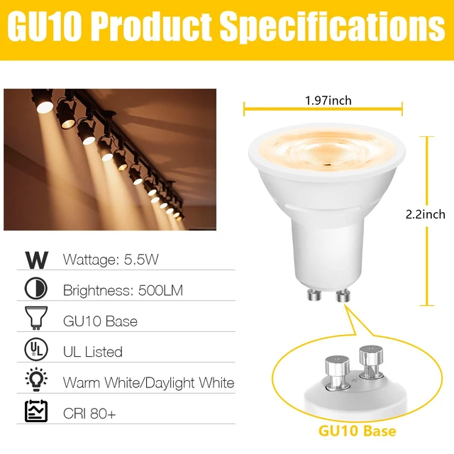 Alt view image 2 of 7 - GU10 LED Light Bulbs, Dimmable GU10 Bulb Replacement for Track Lighting, 5.5w Equivalent 50W, 500 LM Warm White 2700K, MR16 LED Bulb for Kitchen, Range Hood, Living Room, 24 Pack