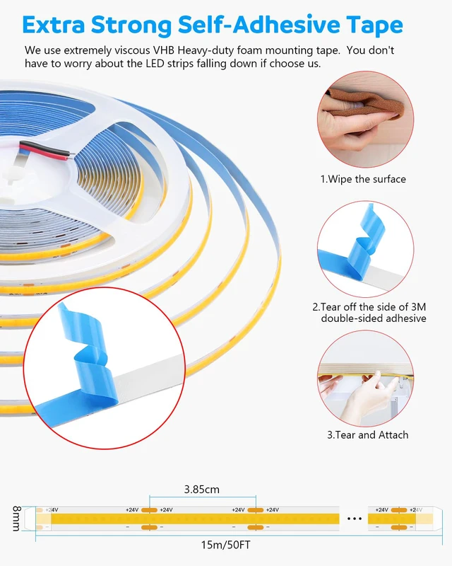 Alt view image 5 of 6 - COB Led Strip Lights 24V 50FT Led Rope Lights for Bedroom Warm White 3000K 320Leds/m CRI85+ Flexible LED Tape Lighting for Party Home Indoor Decor 15M (Power Supply & LED Dimmer Not Included)