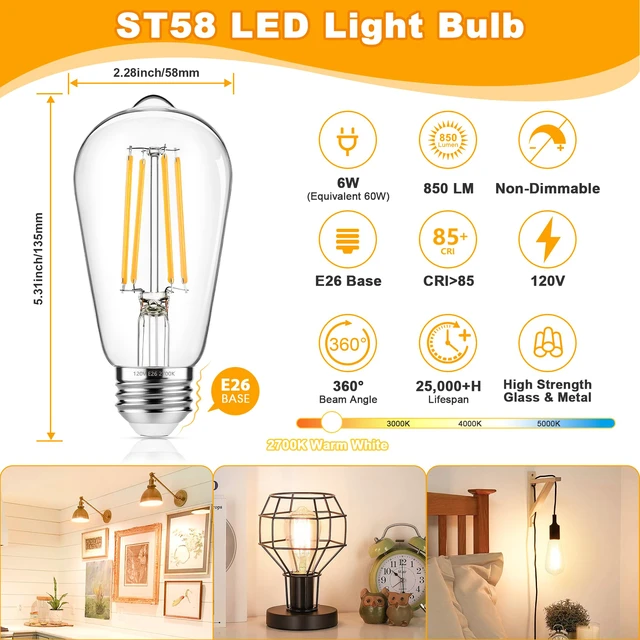 Alt view image 2 of 7 - 4-Pack Vintage Edison Bulbs 60W Equivalent, 850LM 6W LED Light Bulb Warm White 2700K, ST58 Filament Lighting E26 Base, Non-Dimmable