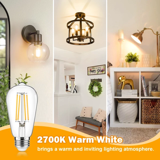 Alt view image 4 of 7 - 4-Pack Vintage Edison Bulbs 60W Equivalent, 850LM 6W LED Light Bulb Warm White 2700K, ST58 Filament Lighting E26 Base, Non-Dimmable