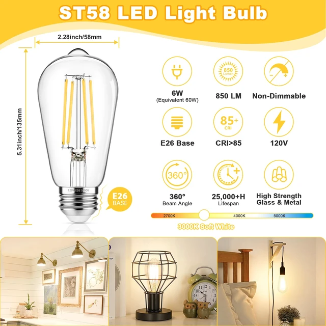 Alt view image 2 of 7 - 4-Pack Vintage Edison Bulbs 60W Equivalent, 850LM 6W LED Light Bulb Soft White 3000K, ST58 Filament Lighting E26 Base, Non-Dimmable