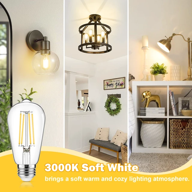 Alt view image 4 of 7 - 4-Pack Vintage Edison Bulbs 60W Equivalent, 850LM 6W LED Light Bulb Soft White 3000K, ST58 Filament Lighting E26 Base, Non-Dimmable