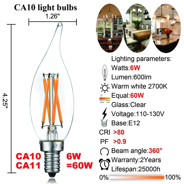 Alt view image 4 of 7 - CA10 E12 Led Bulb,Soft White Light Bulbs,Dimmable,2700K,Clear 6W=60w Light Bulbs,600lm,AC120V,ETL,No flicker,CA11,E12 Candelabra Bulb 60 watt for Chandelier,Ceiling Fan light bulbs,12Pack