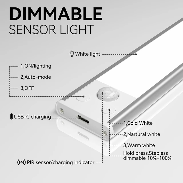 Alt view image 3 of 7 - 12 inch Under Cabinet Lighting 2500 mAh Closet Lights 3 Color Temps Magnetic Motion Activated, Rechargeable Closet Lights Battery Operated Wireless Dimmable Under Counter Lights, 4 Pack