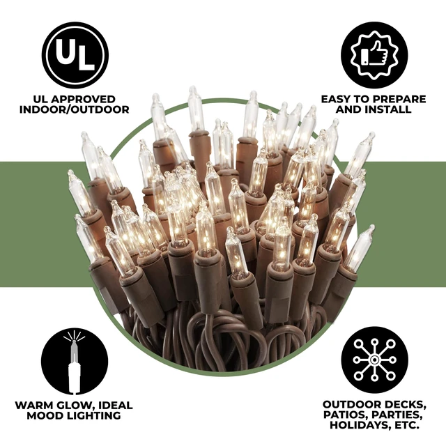 Alt view image 3 of 7 - 100 Clear Incandescent Christmas String Lights Brown Wire Cord
