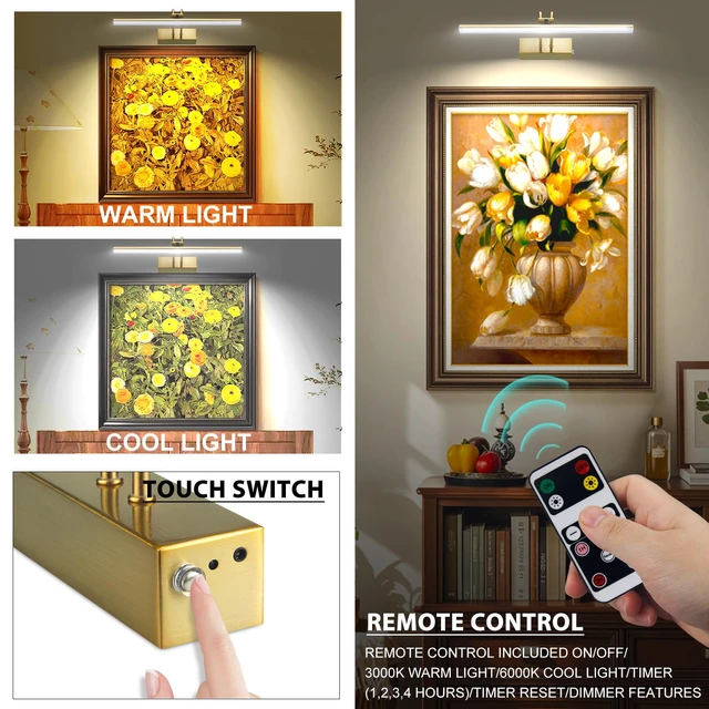 Alt view image 5 of 7 - Picture Lights for Wall,5000mAh Wireless Wall Light,16" Art Light,Brass Rechargeable Picture Lights,Remote Timer and Dimmer Gallery Light for Painting,Room Decor
