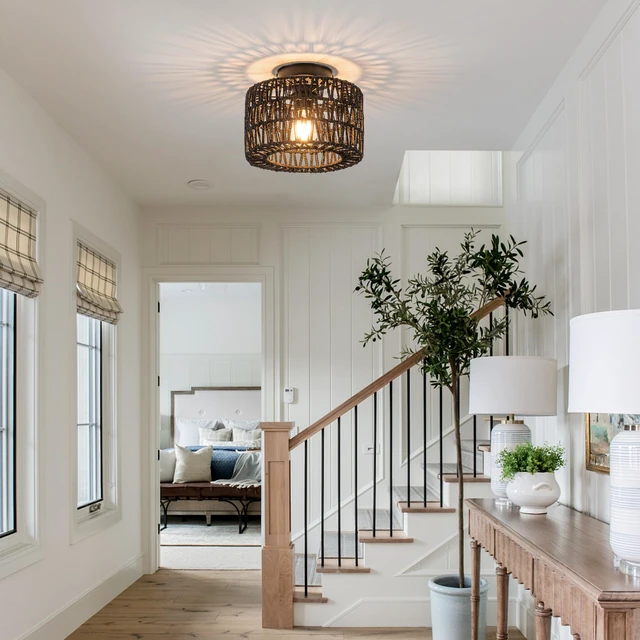 Alt view image 3 of 7 - Rattan Ceiling Light, 1 Light Farmhouse Woven Flush Mount Ceiling Light, Boho Light Fixture for Bedroom Living Room Hallway Entryway, Black Finish