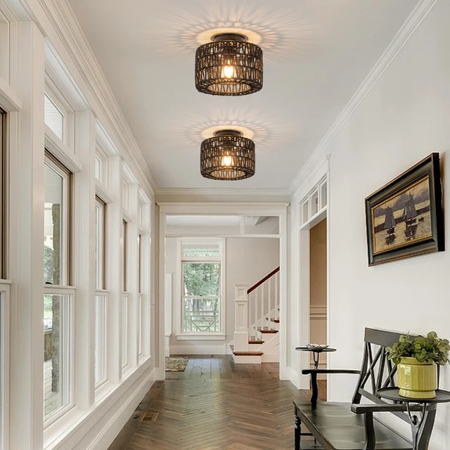 Alt view image 4 of 7 - Rattan Ceiling Light, 1 Light Farmhouse Woven Flush Mount Ceiling Light, Boho Light Fixture for Bedroom Living Room Hallway Entryway, Black Finish