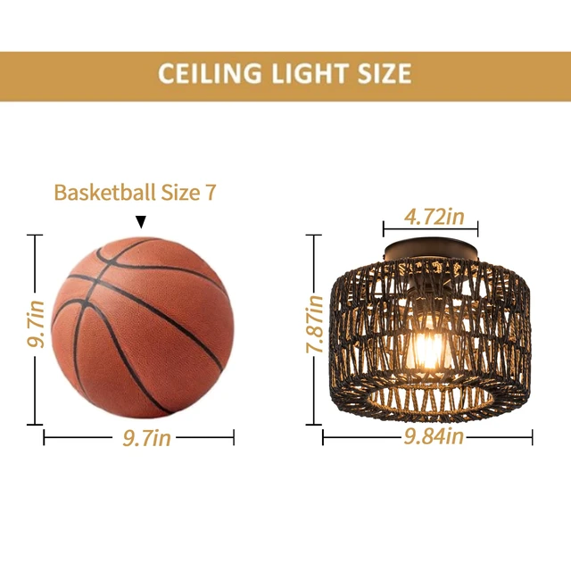 Alt view image 5 of 7 - Rattan Ceiling Light, 1 Light Farmhouse Woven Flush Mount Ceiling Light, Boho Light Fixture for Bedroom Living Room Hallway Entryway, Black Finish