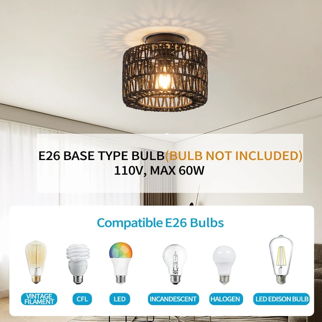 Alt view image 6 of 7 - Rattan Ceiling Light, 1 Light Farmhouse Woven Flush Mount Ceiling Light, Boho Light Fixture for Bedroom Living Room Hallway Entryway, Black Finish
