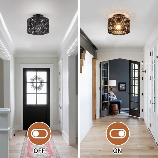 Alt view image 7 of 7 - Rattan Ceiling Light, 1 Light Farmhouse Woven Flush Mount Ceiling Light, Boho Light Fixture for Bedroom Living Room Hallway Entryway, Black Finish
