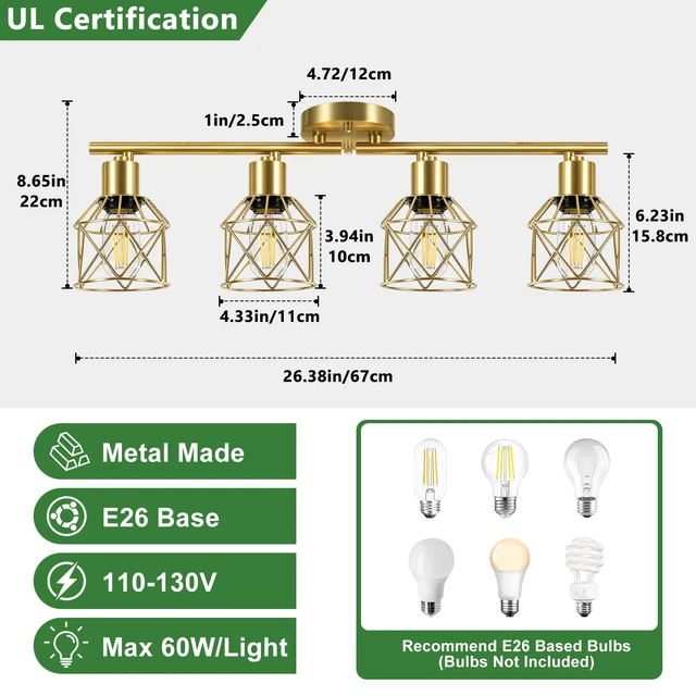 Alt view image 2 of 7 - 4-Lights Kitchen Light Fixtures Ceiling Mount, Adjustable Multi-Directional Brushed Gold Semi Flush Mount Ceiling Light, Metal Wire Cage Spotlight Ceiling Fixtures for Dining Room, Farmhouse