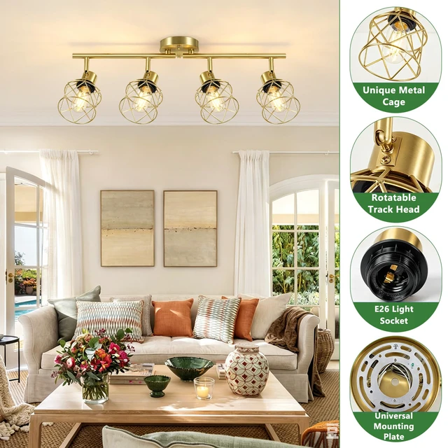 Alt view image 3 of 7 - 4-Lights Kitchen Light Fixtures Ceiling Mount, Adjustable Multi-Directional Brushed Gold Semi Flush Mount Ceiling Light, Metal Wire Cage Spotlight Ceiling Fixtures for Dining Room, Farmhouse