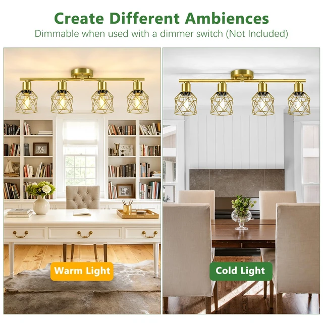 Alt view image 5 of 7 - 4-Lights Kitchen Light Fixtures Ceiling Mount, Adjustable Multi-Directional Brushed Gold Semi Flush Mount Ceiling Light, Metal Wire Cage Spotlight Ceiling Fixtures for Dining Room, Farmhouse