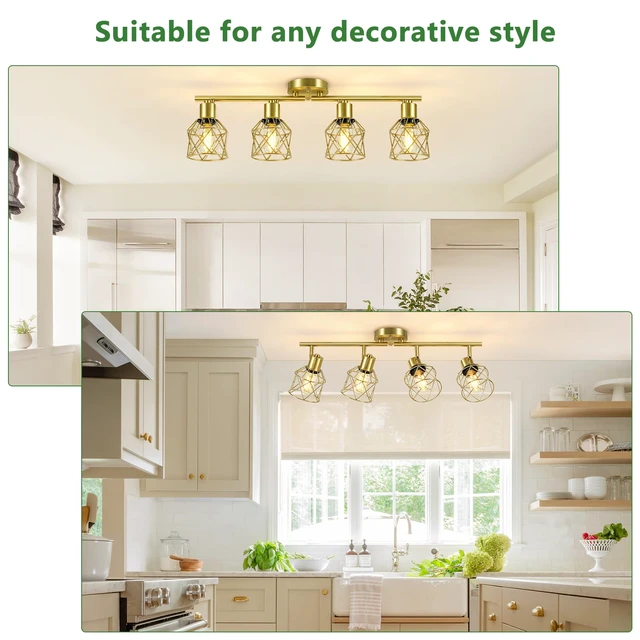 Alt view image 6 of 7 - 4-Lights Kitchen Light Fixtures Ceiling Mount, Adjustable Multi-Directional Brushed Gold Semi Flush Mount Ceiling Light, Metal Wire Cage Spotlight Ceiling Fixtures for Dining Room, Farmhouse