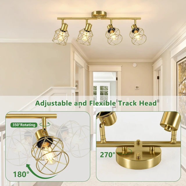 Alt view image 4 of 7 - 4-Lights Kitchen Light Fixtures Ceiling Mount, Adjustable Multi-Directional Brushed Gold Semi Flush Mount Ceiling Light, Metal Wire Cage Spotlight Ceiling Fixtures for Dining Room, Farmhouse