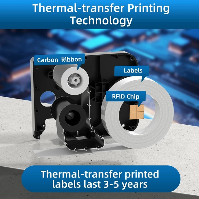 Alt view image 5 of 7 - P31S Self-Laminating PE Wire Wrap Labels, 0.75 in x 14.76 ft L Electrical Cable Identification, DataCom, Wire Marking, Protective Overlaminate, Continuous Tape, Integrated Ribbon Cartridge