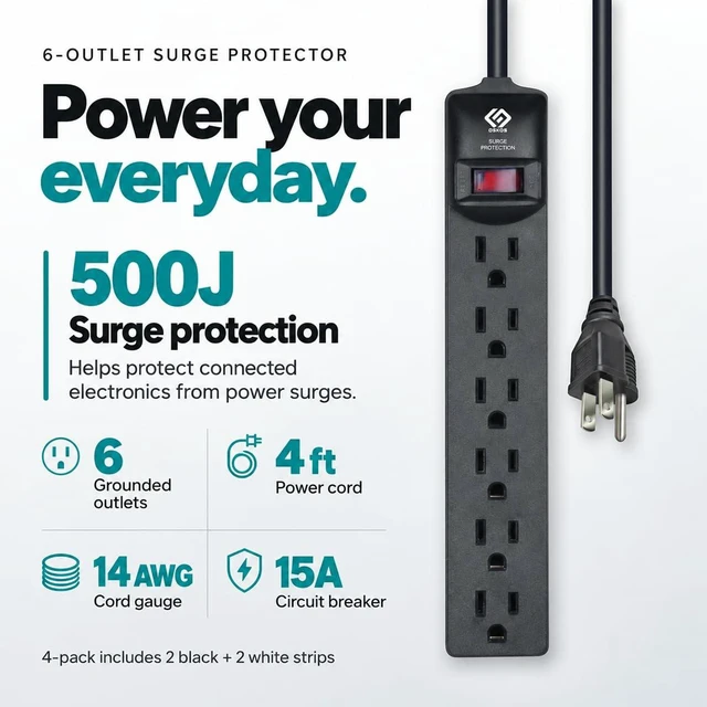 Alt view image 2 of 7 - Surge Protector Power Strip, 6 outlets, 4FT Extension Cord, 500J Surge Protected, UL Listed, Wall Mountable.4 Pack, 2 White and 2 Black