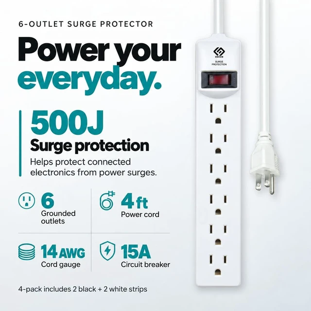 Alt view image 3 of 7 - Surge Protector Power Strip, 6 outlets, 4FT Extension Cord, 500J Surge Protected, UL Listed, Wall Mountable.4 Pack, 2 White and 2 Black