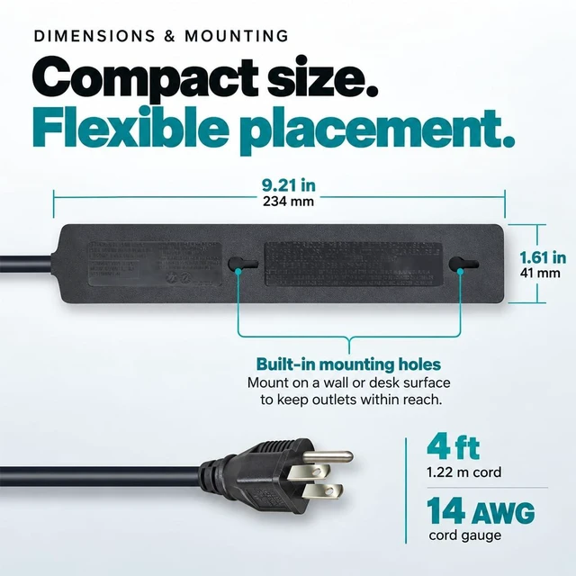 Alt view image 6 of 7 - Surge Protector Power Strip, 6 outlets, 4FT Extension Cord, 500J Surge Protected, UL Listed, Wall Mountable.4 Pack, 2 White and 2 Black