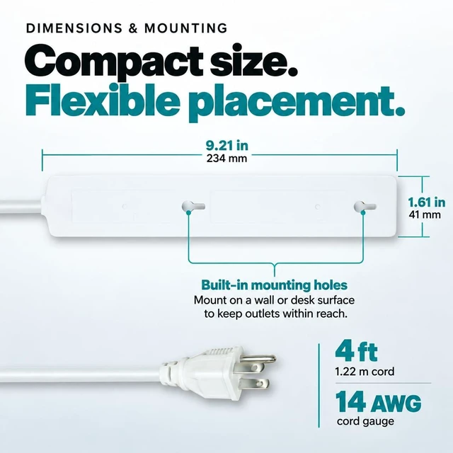 Alt view image 7 of 7 - Surge Protector Power Strip, 6 outlets, 4FT Extension Cord, 500J Surge Protected, UL Listed, Wall Mountable.4 Pack, 2 White and 2 Black