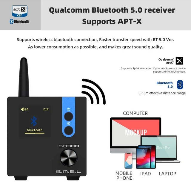 Alt view image 5 of 7 - SA300 HiFi Digital Amplifier, Infineon's MA12070 Chip Class D Power Amp, RCA USB Bluetooth 5.0 APTX Input, Multiple EQ Modes with Remote Control (Black)