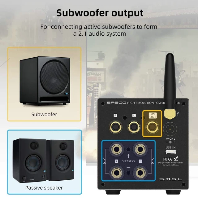 Alt view image 6 of 7 - SA300 HiFi Digital Amplifier, Infineon's MA12070 Chip Class D Power Amp, RCA USB Bluetooth 5.0 APTX Input, Multiple EQ Modes with Remote Control (Black)