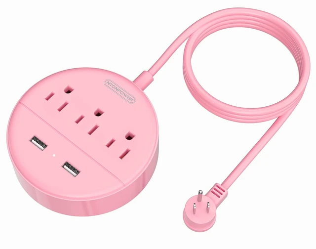 Main image of 10 ft Long Extension Cord Power Strip with USB, Pink Charging Station with 3 Outlet and 2 USB, Travel Power Strip Flat Plug, Wall Mount for Home Office Dorm Room and Cruise Ship, ETL Listed