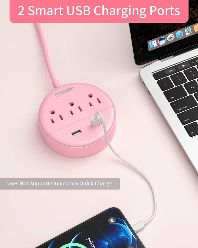 Alt view image 4 of 7 - 10 ft Long Extension Cord Power Strip with USB, Pink Charging Station with 3 Outlet and 2 USB, Travel Power Strip Flat Plug, Wall Mount for Home Office Dorm Room and Cruise Ship, ETL Listed